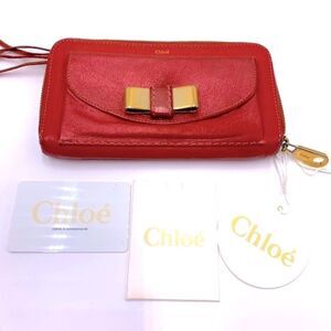 Auth Chloe Small Gold Bow Metallic Hot Pink Zippy Wallet Very Good Preloved